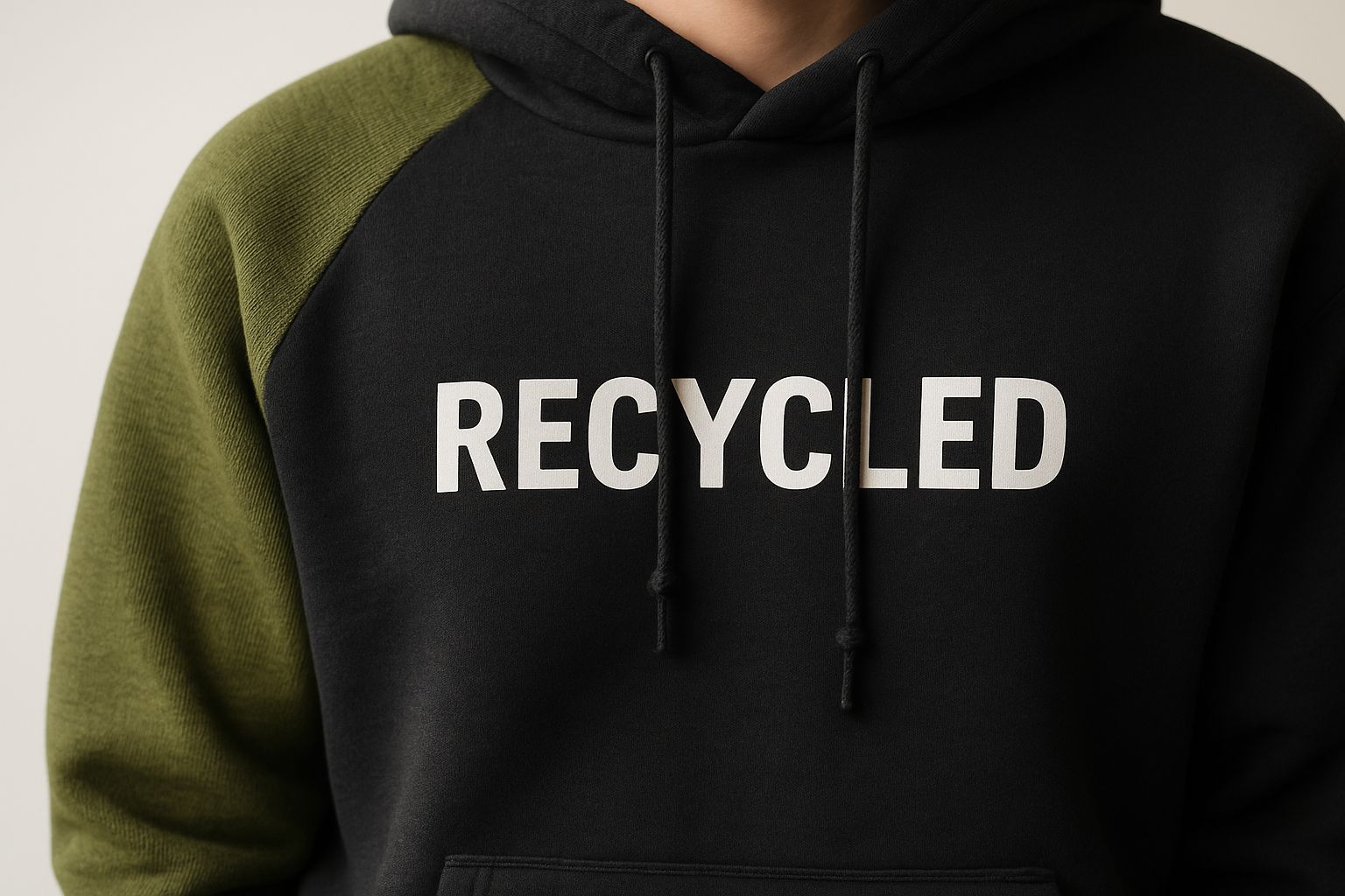 Närbild på textur av återvunnet hoodie-tyg, ljusgrå nyans.